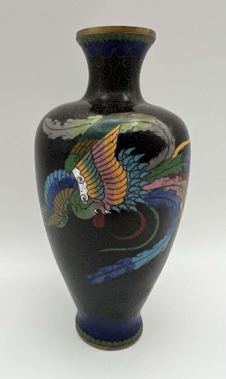 Antique Chinese Cloisonné Bud Vase 6.5” Black w Colorful Fenghuang Phoenix Bird